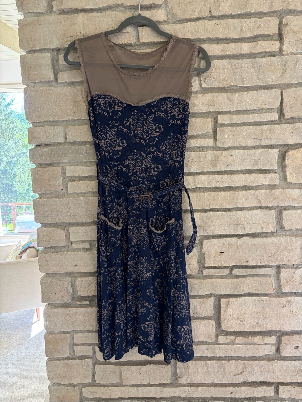 Effie's Heart Navy Floral Dress with Sheer Taupe Yoke